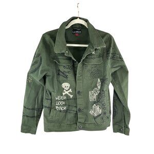 Black Pike Handcrafted Olive Green Denim Jacket Graphic Button Front  Size S